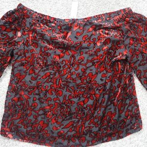 Chico's Blouse Women's XL Red Black Velvet‎ Burnout Off Shoulder Sheer Floral